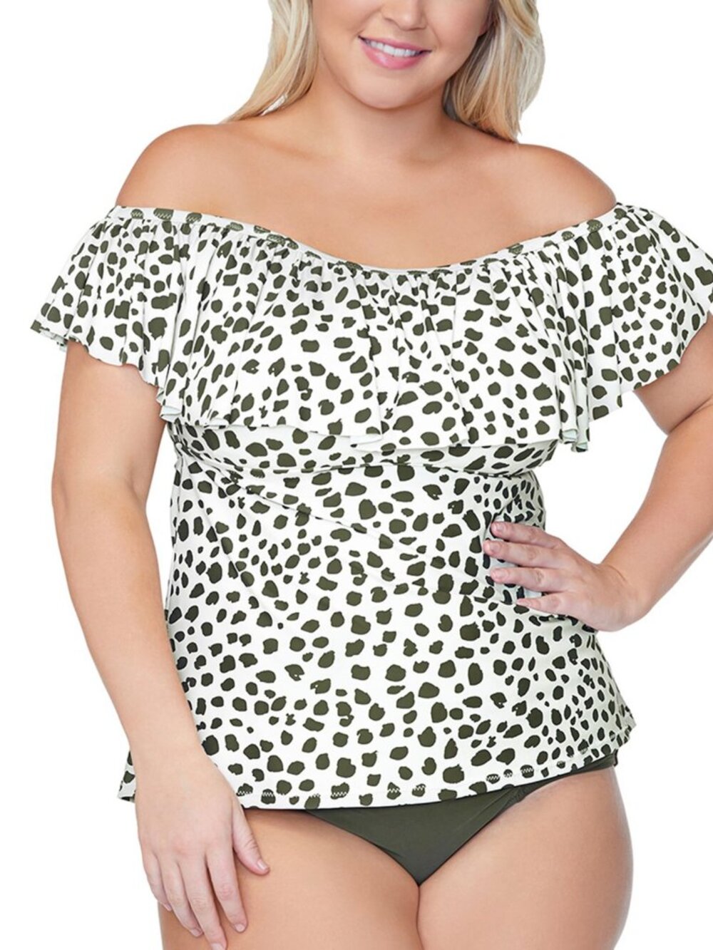 Raisins Curve Womens Trendy Plus Size Toruga Printed Flounce Tankini Top